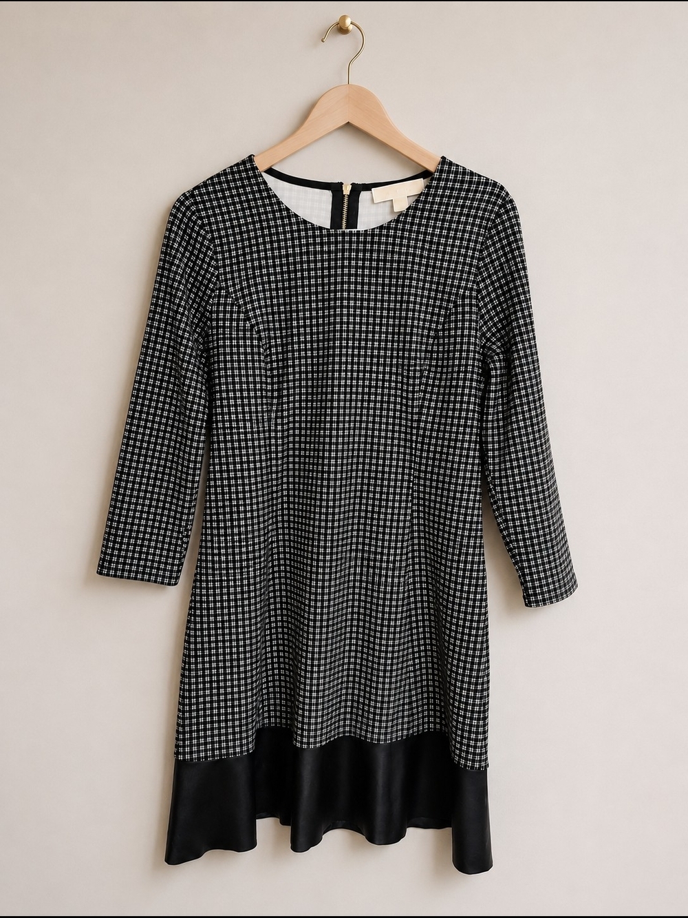Michael Kors Black & White Check A-Line Dress with Faux Leather Hem
